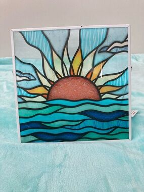 Hobby Lobby NWT Sunrise Ocean Stained Glass Panel on Easel - Turquoise & Coral